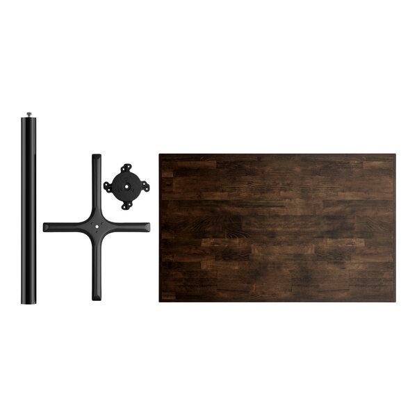 A Lancaster Table & Seating rectangular butcher block table with an espresso finish and a black metal cross base plate.