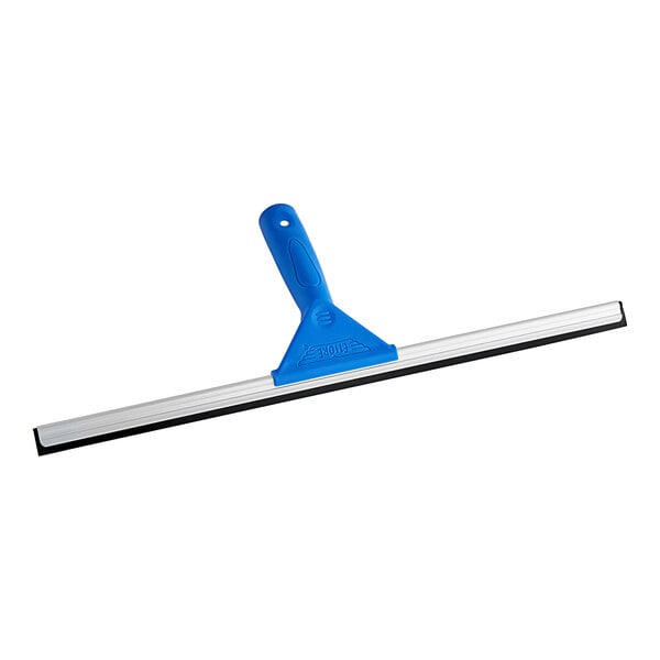 An Ettore blue plastic squeegee with a blue handle.