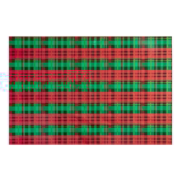 A pack of white tissue paper sheets with red and green plaid patterns.