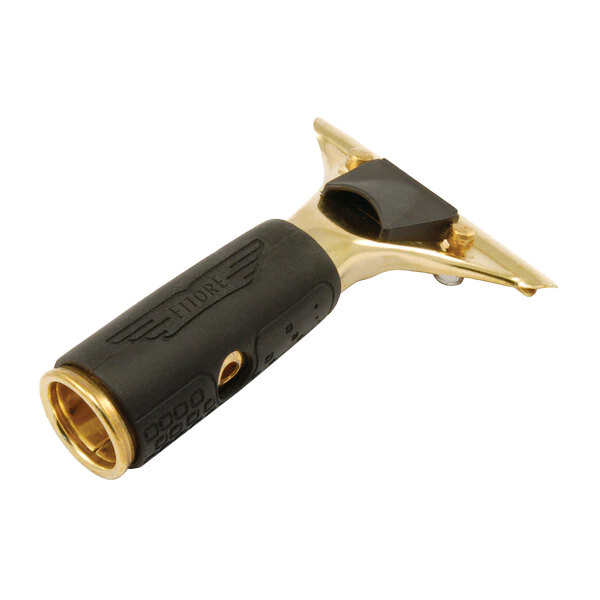 A brass squeegee handle with a quick release mechanism and a black rubber grip.
