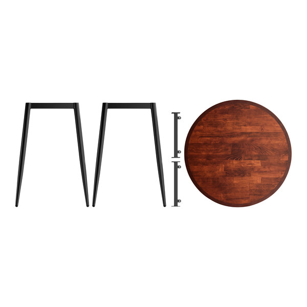 A Lancaster Table & Seating round butcher block table top with a mahogany finish on metal legs.