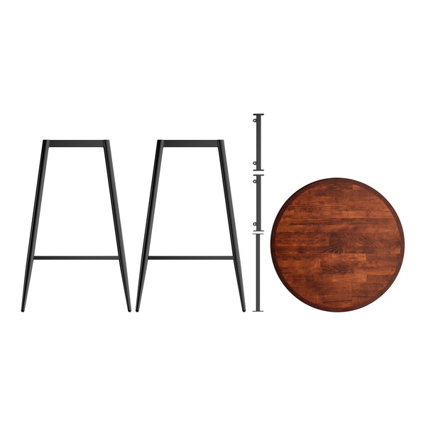 A Lancaster Table & Seating round butcher block table with mahogany finish and metal legs.