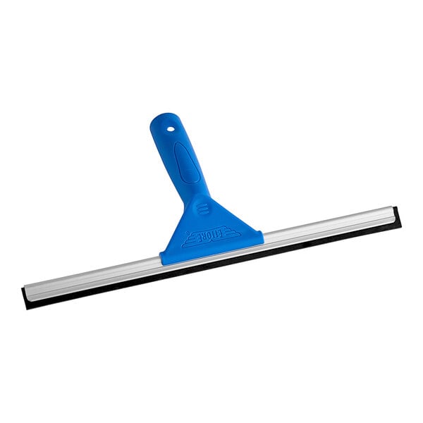 An Ettore blue plastic squeegee with a blue handle.