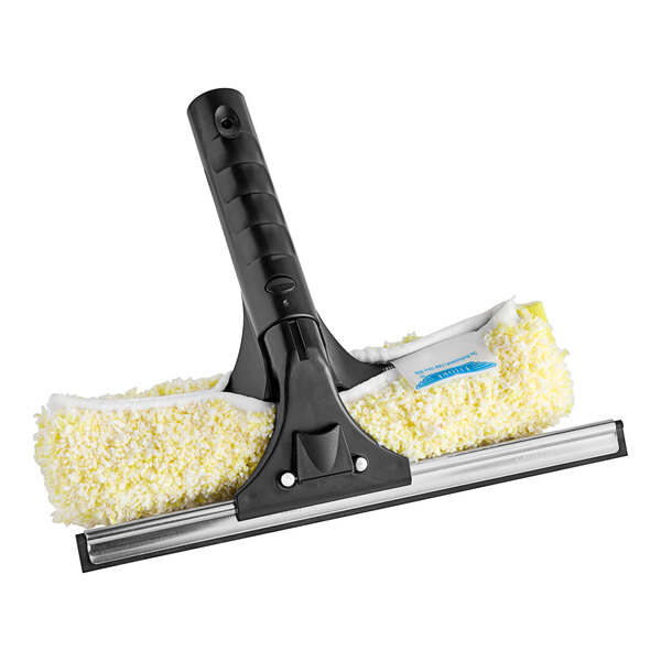 An Ettore squeegee with a yellow and white cloth attached to it.