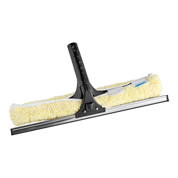 An Ettore squeegee with a yellow sponge on a black and white mop.