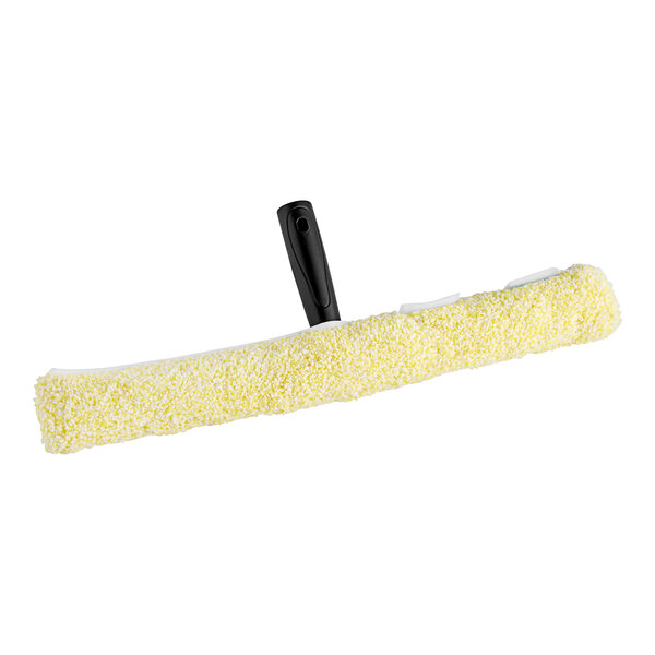 A yellow mop with a black T-bar handle.