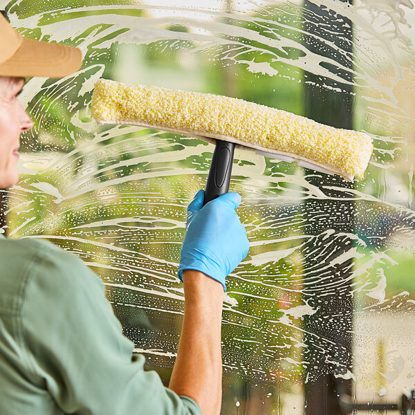 A woman using an Ettore Golden Glove window washer to clean a window.