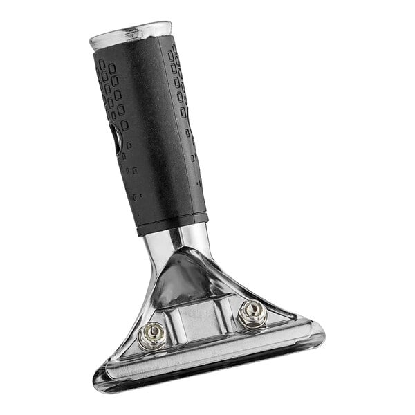 A close-up of an Ettore stainless steel squeegee handle with a black rubber grip.