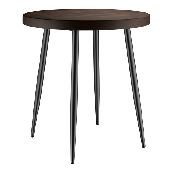 A Lancaster Table & Seating round table with a dark wood top and black legs.