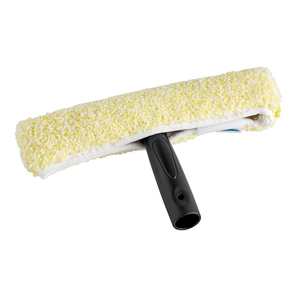 A yellow sponge with a black handle and a black microfiber sleeve with a hole in it.