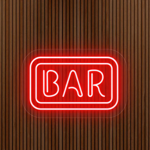 A Crazy Neon red LED sign that says "Bar" in white letters.