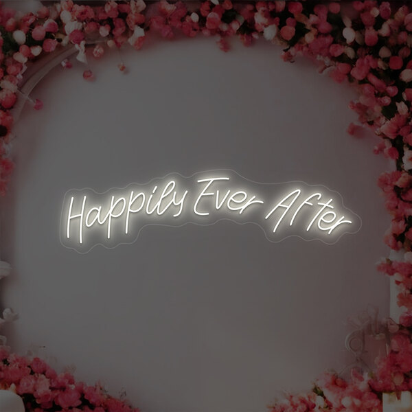 A white LED "Happily Ever After" sign with neon-style text.