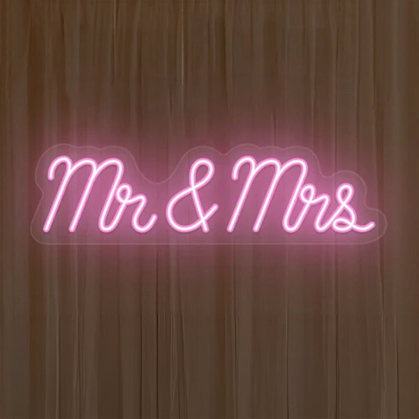 A pink neon "Mr & Mrs" sign.