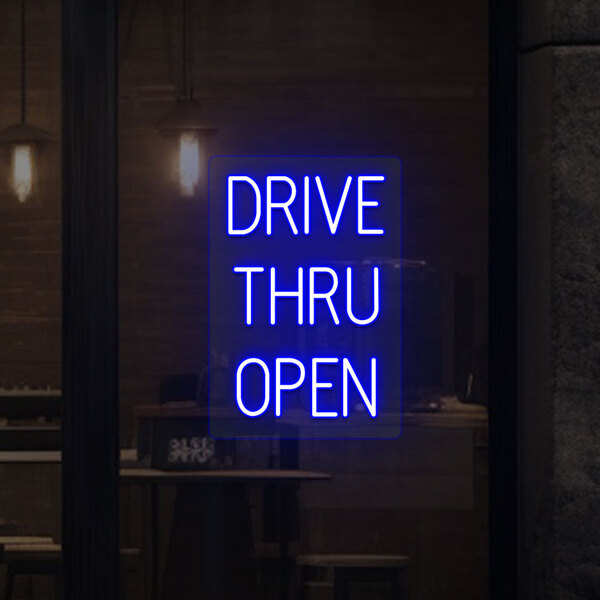 A blue neon sign that says "Drive Thru Open".