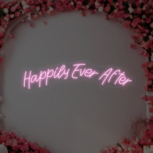 A pink neon sign that says "Happily Ever After" in white text.