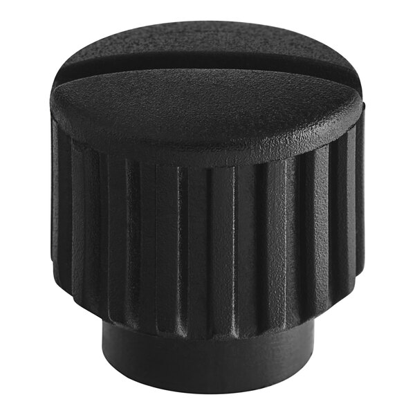 A black plastic knob with a round center.