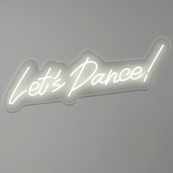 A Crazy Neon warm white LED sign that says "Let's Dance!" on a white wall.