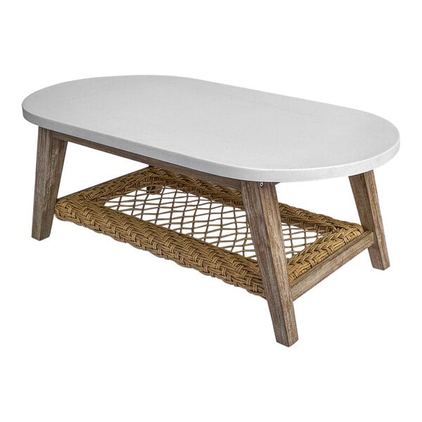 An oval white table top on a wicker basket with a white base.