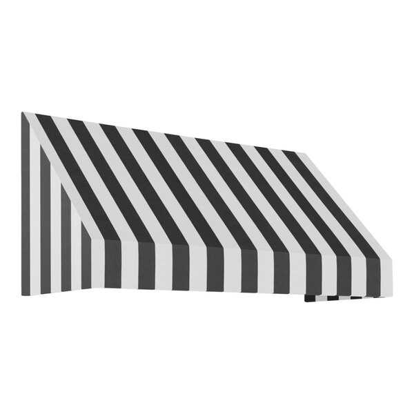 A black and white striped fixed fabric awning with a rigid valance.