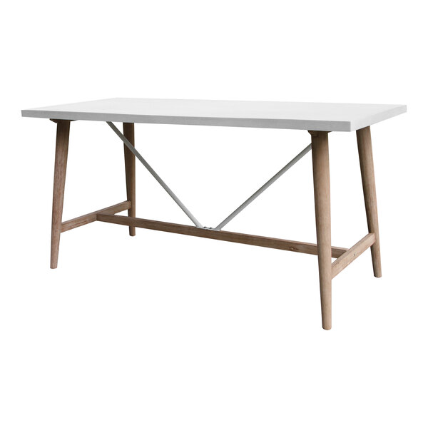 An ivory composite and eucalyptus wood counter height table with a white top and wooden legs.