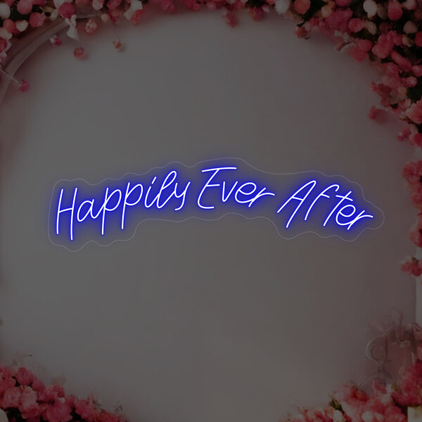 A blue neon "Happily Ever After" sign with white text.