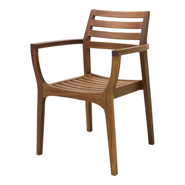 An Outdoor Interiors Eucalyptus Danish stackable arm chair with a slatted back and arms.