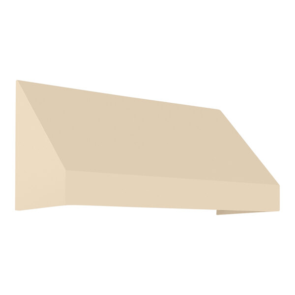 A beige rectangular awning with a rigid valance mounted on a white wall.