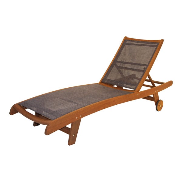 An Outdoor Interiors Eucalyptus wooden chaise lounger with black mesh.