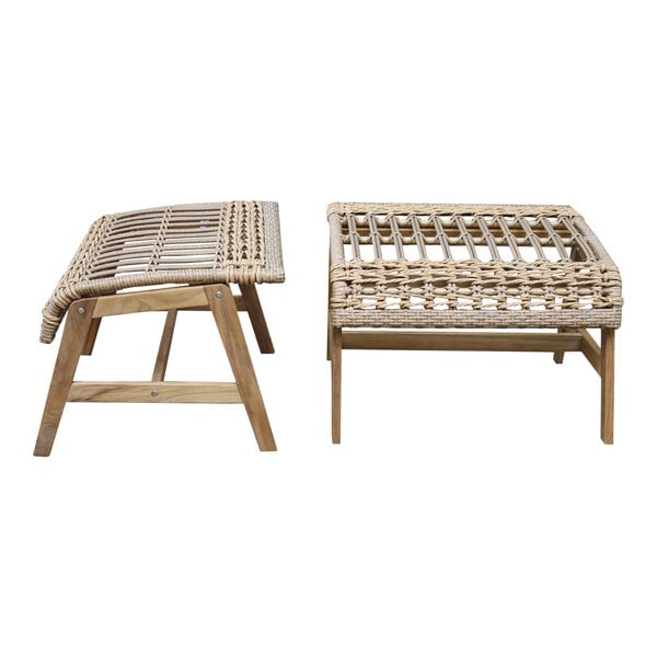 Two Outdoor Interiors teak and wicker ottomans with a woven seat on a patio.