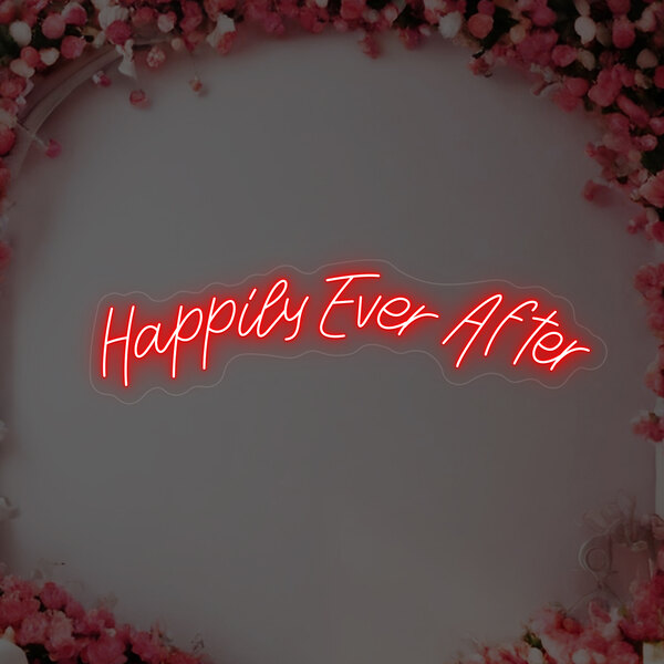 A red Crazy Neon LED sign that says "Happily Ever After" in white text.