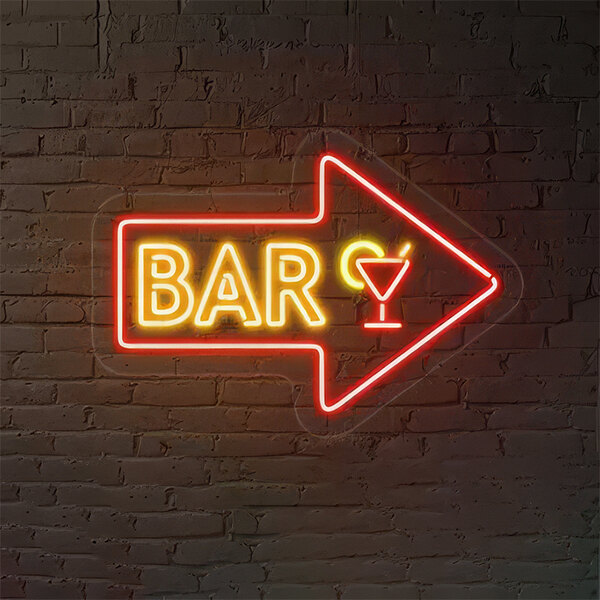 A Crazy Neon red and yellow LED bar sign with right arrow on a brick wall.