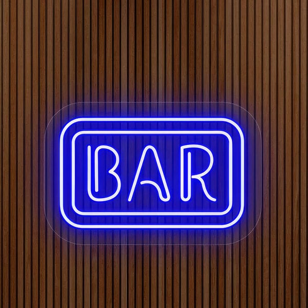 A blue neon "Bar" sign.