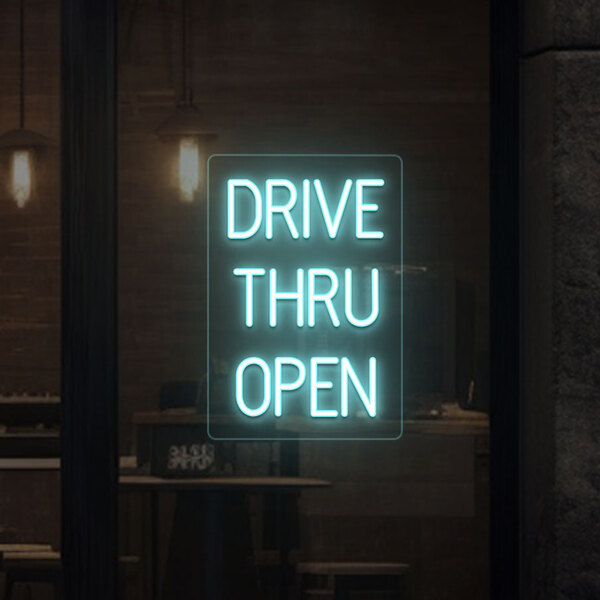 A Crazy Neon ice blue LED "Drive Thru Open" sign on a window.