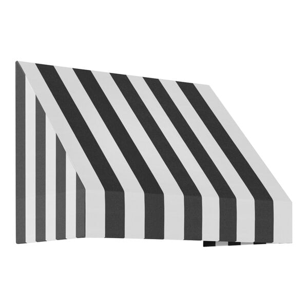 An Awntech New Yorker fixed fabric awning with a black and white striped rigid valance.