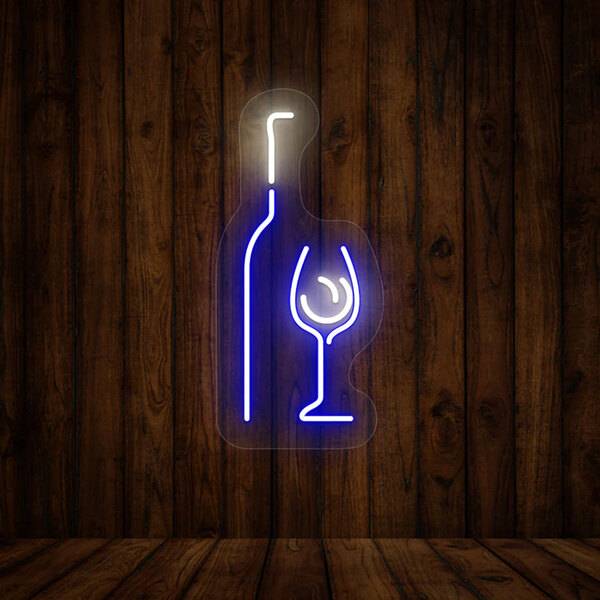 A blue and white neon sign in the shape of a wine glass with a bottle inside.