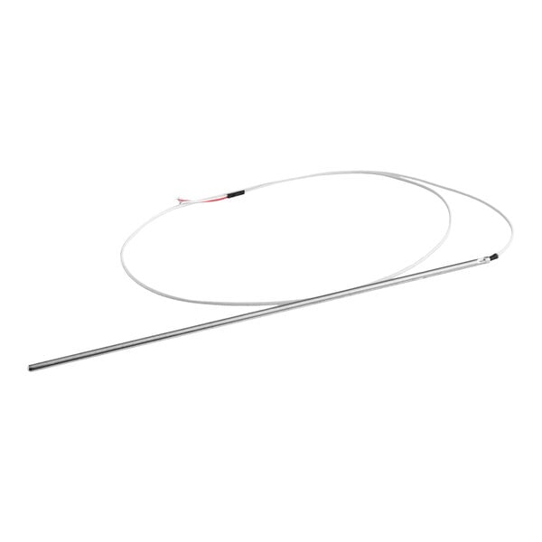 A long, thin metal thermistor probe with an attached white wire and exposed leads at the end.