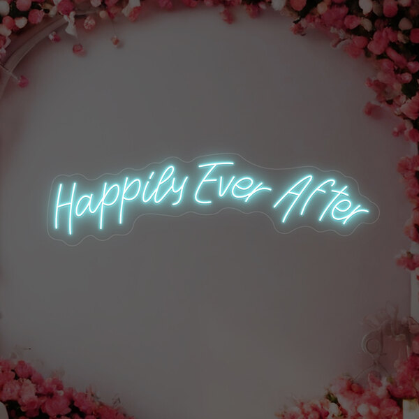 A Crazy Neon ice blue LED sign that says "Happily Ever After" on a white wall with pink and white flowers.