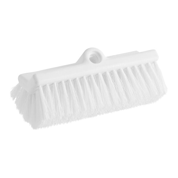 A close up of a Lavex white bi-level scrub brush head with bristles.