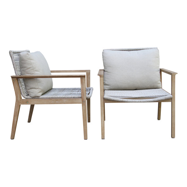Two Outdoor Interiors antique wash eucalyptus and rope lounge chairs with cushions.
