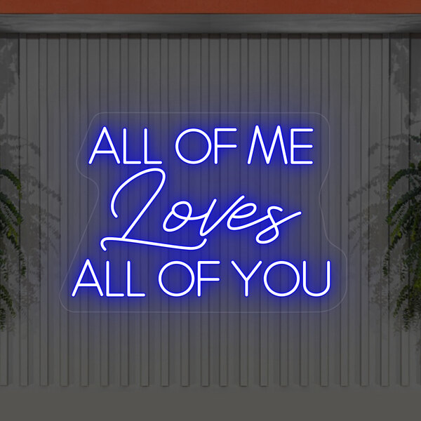 A blue Crazy Neon LED sign with white text that says "All Of Me Loves All Of You" hanging on a wall.