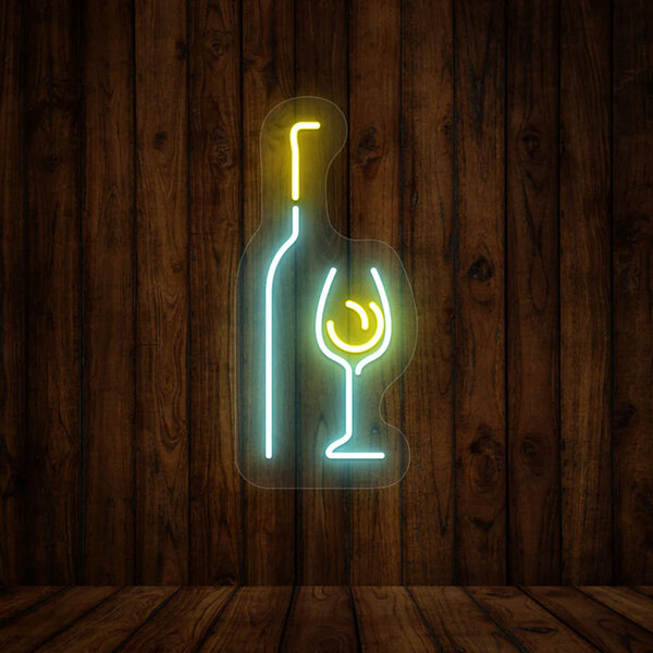 A Crazy Neon LED wine glass and bottle sign on a wooden table.