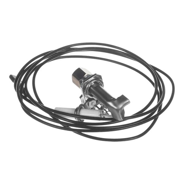 A black cable with a metal connector and a metal connector on a metal object.