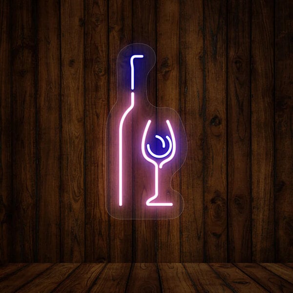 A neon sign with a wine glass and a bottle on a wooden wall.