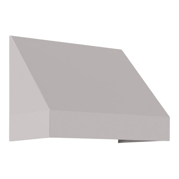 A gray rectangular fixed fabric awning with a rigid valance.