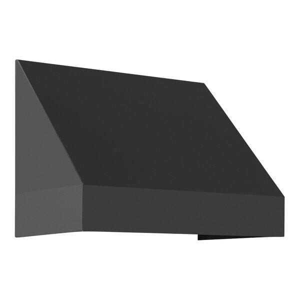 A black rectangular fixed awning with a black rigid valance over a white background.