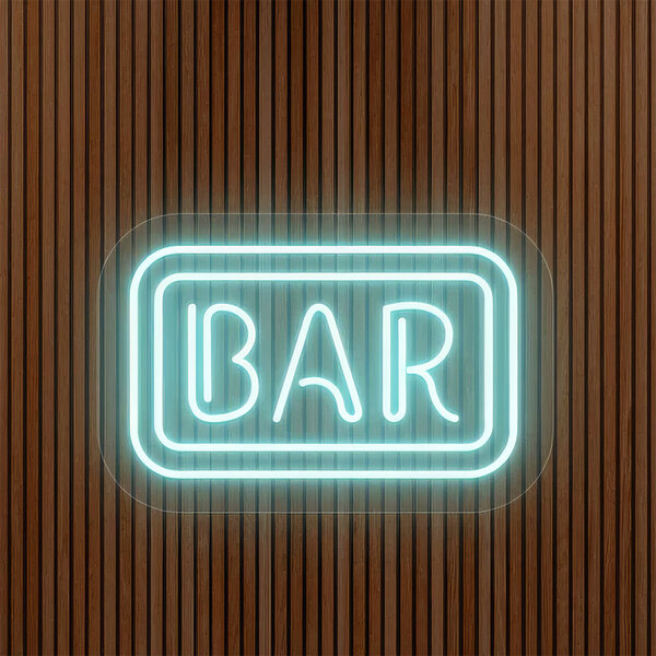 A Crazy Neon ice blue LED sign with the word "Bar" in neon on a blue wall.