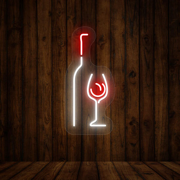 A Crazy Neon LED wine glass and bottle sign on a wood grained surface.