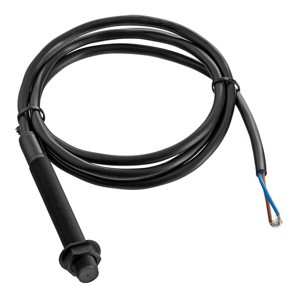 A black cable with a blue wire and a screw attached to a black cable.