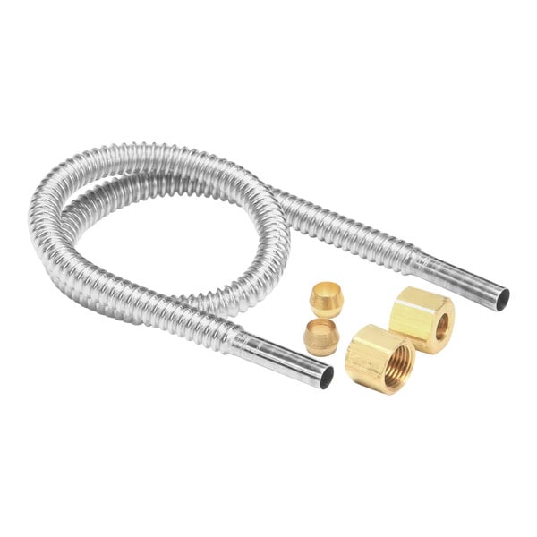 A metal hose with two brass nuts on the ends.