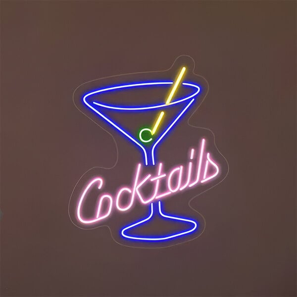 A Crazy Neon LED "Cocktails" sign with blue and pink text and a martini glass.